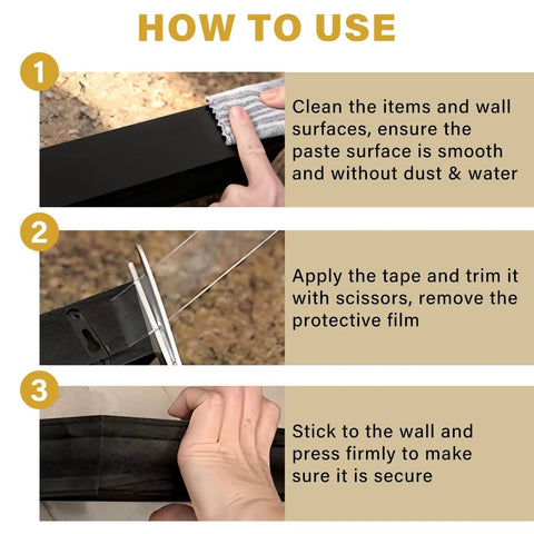 Instructions on using Double Sided Heavy Duty Adhesive Tape For Hanging Decorations And Lights Indoors Or Outdoors showing cleaning, cutting, and application.