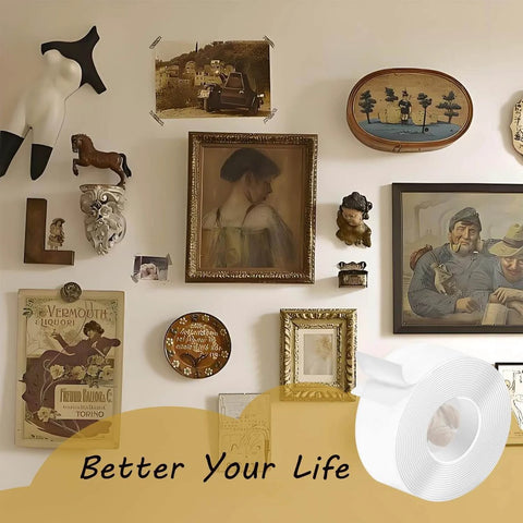 Double Sided Heavy Duty Adhesive Tape For Hanging Decorations And Lights Indoors Or Outdoors Ultra Strong Nano Tape displayed with framed pictures on wall