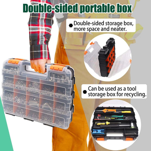 Person holding a double-sided organizer box from the ✝️ Twidec/2002PCS 304 Stainless Steel Hardware Assortment Kit, ideal for tool storage.