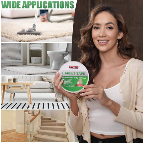 Woman holding heavy duty double sided rug tape for hardwood floors and tile non slip anti curling floor tape for area rugs.