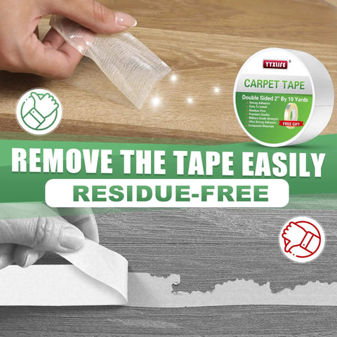 Heavy Duty Double Sided Rug Tape For Hardwood Floors And Tile Non Slip Anti Curling Floor Tape For Area Rugs Mats And Carpets No Residue Super Strong Hold Easy Cut To Fit 2 Inch By 10 Yards White with residue-free removal feature displayed.