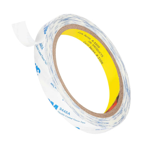 Double Sided Tape 0.5 Inch By 32.8 Feet Thin Translucent Removable Adhesive roll with protective film partially peeled off