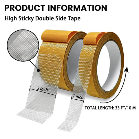 Heavy Duty Double Sided Fabric Tape For Carpets And Rugs Crazy Sticky For Home And Office Use Secures Doormats Cushions And More On Wood Tile Plastic Concrete Available In 1 Or 2 Inch Width By 33 Feet Per Roll Includes Two Rolls, image shows two rolls with 1-inch and 2-inch width labels.