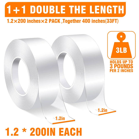 Heavy Duty Double Sided Tape Two Pack 1.2 Inch Wide 33.3 Feet Total Length Nano Adhesive shown in two rolls with length details.