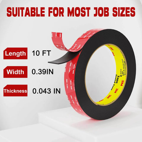 Heavy Duty Double Sided Tape 10 Ft For Walls Cars LED Strip Lights And Home Office Decor With Ultra Strong Adhesive displayed with dimensions
