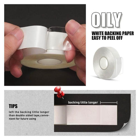 Transparent Double Sided Adhesive Tape 1/2 Inch By 10 Feet, Acrylic, Removable No Residue, showing easy peel backing.