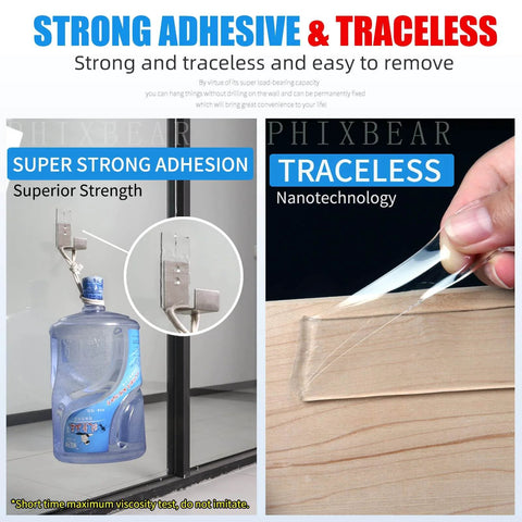Image showing Extra Large 1.2 In By 240 In Double Sided Mounting Tape, Clear Nano Strength Adhesive, holding a gallon jug and being easily removed from a surface.