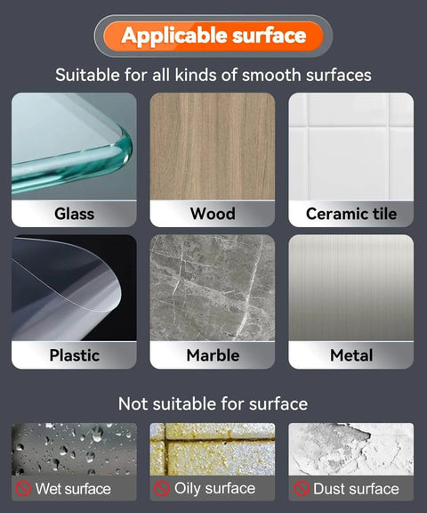 Image showing applicable surfaces for Heavy Duty Double Sided Tape Go To Outdoor Mounting Tape, including glass, wood, tile, plastic, marble, and metal.