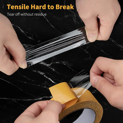 Ultra Thin Clear Double Sided Tape Heavy Duty Adhesive 2 Inch By 66 Feet shown being stretched and torn off roll