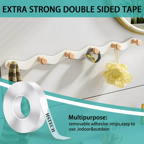 Heavy Duty Double Sided Tape Half Inch By 10 Feet Clear Acrylic Mounting Tape displayed with wall hooks and accessories