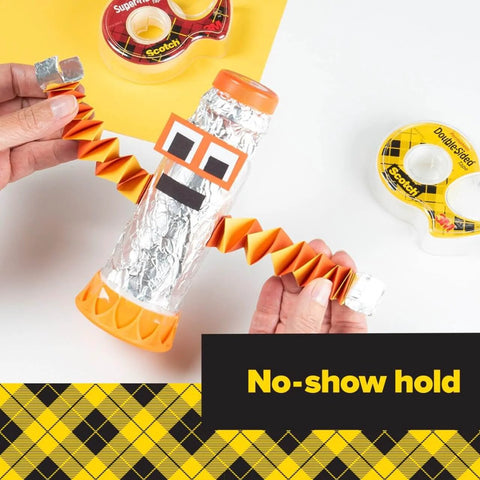Double Sided Tape With Dispenser Set For Arts And Crafts And Scrapbooking Alternative Mess Free Bonding 0.5 Inch By 400 Inch Each Two Rolls With Dispensers featured with a robot craft project made from foil and paper.
