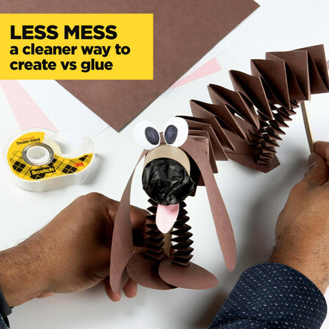 Person crafting with double sided tape and paper, highlighting Double Sided Tape For Gift Wrapping And Crafts, Snaps On Quick.