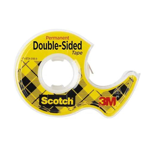 Front view of clear dispenser with permanent double-sided tape 0.5 in x 400 in, featuring yellow plaid design and 3M branding.