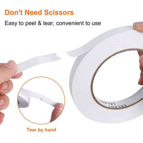 Double Sided Tape Half Inch By Forty Yards Four Rolls Sticky Adhesive for Arts and Crafts, translucent thin tape tearing by hand.