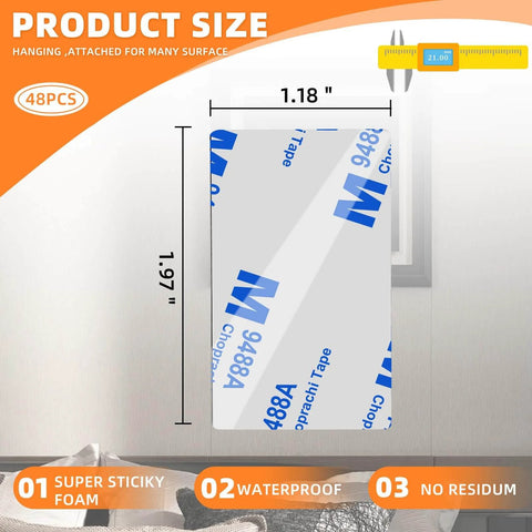 Image of Heavy Duty Double Sided Tape For Walls 48 Pcs Waterproof Foam Adhesive Pads, showing size 1.96 x 1.18 inches.