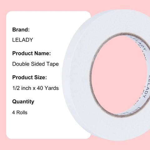 Front view of LELADY Double Sided Tape Half Inch By Forty Yards Four Rolls Sticky Adhesive for Arts and Crafts in pink background
