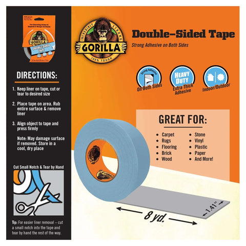 Heavy Duty Double Sided Tape For Indoor And Outdoor Use Gray 1.41 Inch By 8 Yard With Strong Adhesive For Smooth Or Rough Surfaces Ideal For Carpet And Rugs Bond Pack Of 2 with instructions and illustrations of usage on packaging.