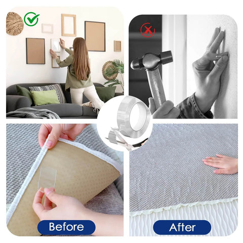 Collage showing before and after use of Heavy Duty Double Sided Tape Nano Mounting Tape Clear Multipurpose Adhesive for Home and Office.