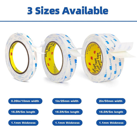 Three rolls of Heavy Duty Double Sided Tape 2 Inch By 16.5 Feet Removable No Residue PE Foam Mounting Tape With Extra Strong Adhesive Waterproof For Walls Home Office Decor Crafts Pictures Posters And More shown in various widths.