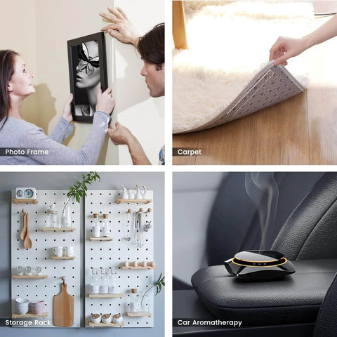 Heavy Duty Double Sided Tape Nano Clear Mounting Tape Sixteen Point Four Feet Extra Large Removable Traceless Adhesive With Strong Grip For Picture Hanging Posters And Carpets Cut To Fit No Residue Industrial Strength in use for photo frame hanging and carpet installation.