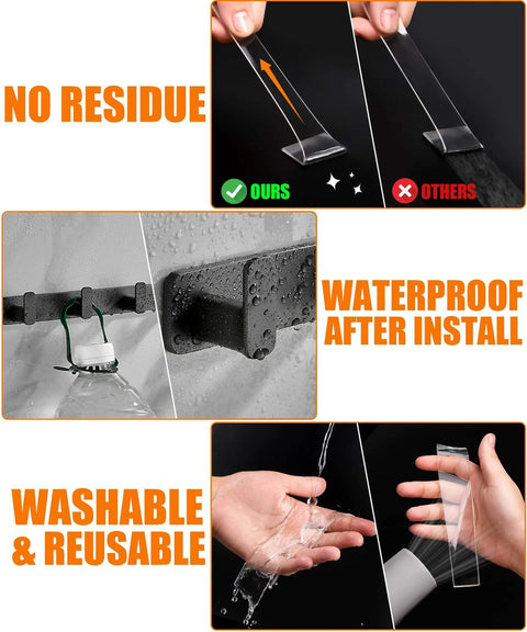 Heavy Duty Double Sided Tape Two Rolls Total Twenty Feet Removable Clear Nano Adhesive showing use on wet surfaces.