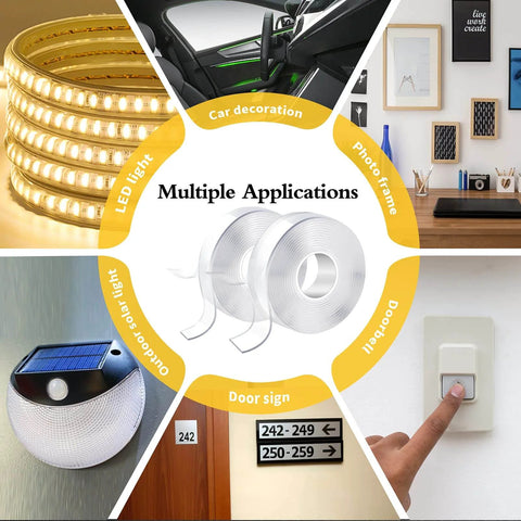 Heavy Duty Double Sided Tape Roll Set showing multiple applications including photo frames, LED lights, car interiors, and more.