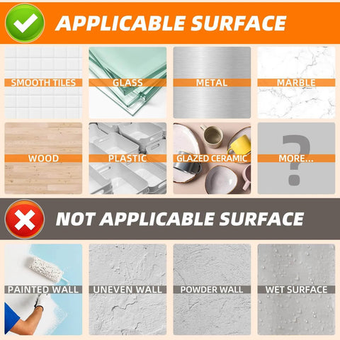 Image showing applicable and not applicable surfaces for Heavy Duty Double Sided Tape Nano Tech Adhesive For Mounting. Includes tiles, glass, metal