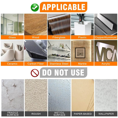 Chart showing surfaces for Heavy Duty Double Sided Tape: applicable on glass, wood, plastic; not for rough, wallpaper surfaces.