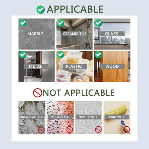 Material compatibility chart for Heavy Duty Double Sided Tape For Walls Mounting Removable Clear Adhesive Strips One Point One Eight Inch By One Hundred Twenty Inch Nano Tech Acrylic Gel No Nails No Drill For Pictures Posters Decor And Rug Carpet, showing applicable surfaces like marble, ceramic tile, glass, metal, plastic, wood and not applicable on uneven, wet, powder, or painted walls.