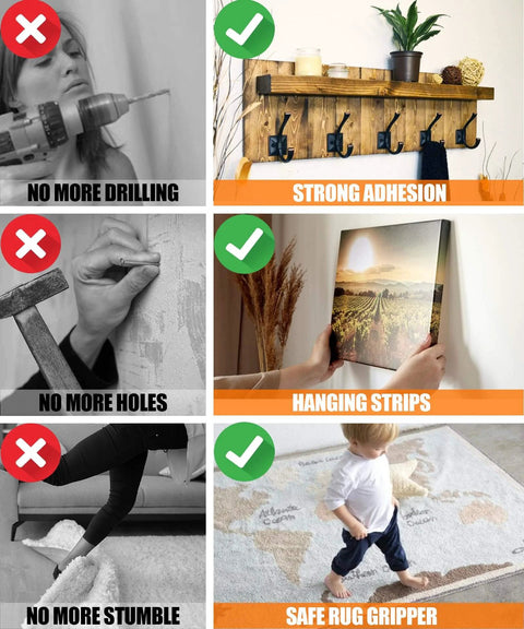 Heavy Duty Double Sided Tape Two Rolls Total Twenty Feet Removable Clear Nano Adhesive For Hanging Posters Rugs Pictures; collage showing no drilling, strong adhesion, hanging strips, safe rug gripper.