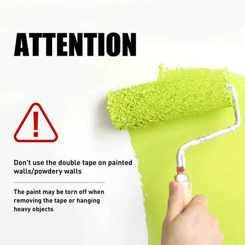 Warning against using Transparent Double Sided Adhesive Tape 1/2 Inch By 10 Feet on painted or powdery walls with image of paint roller.