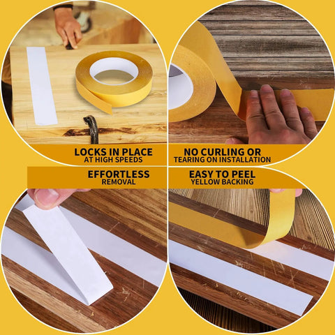 Double Sided Woodworking Tape 1 Inch By 88 Feet Heavy Duty Adhesive For Carpentry Cabinet Installation And Trim Projects shown used on wood surfaces