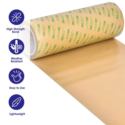 Double Sided Transfer Sheet 468MP Adhesive Tape For 3D Printing Build Plates Bonding PEI Sheets And Other Print Surfaces Built To Stick Dual Sided Adhesive 12 In By 5 Yd Roll For Easy Mounting And Attaching shown in a roll with features.