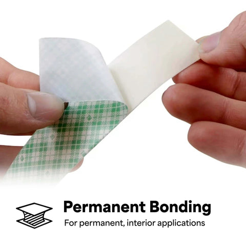 Close-up of hands peeling Double Sided Urethane Foam Tape With Super Sticky Acrylic Adhesive For Bonding Attaching And Mounting White 1 Inch By 5 Yard Roll Gap Filling On Textured Or Uneven Surfaces.