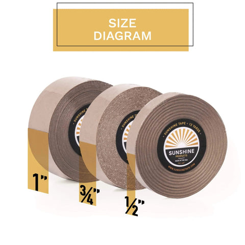 Size diagram of 1/2 inch by 12 yard double sided wig tape for daily wear, hypoallergenic, no residue, gentle and skin-safe.