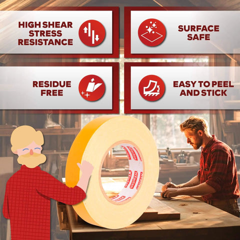 Pro Grade Heavy Duty Double Sided Woodworking Tape 1 Inch By 108 Feet Three Pack for wood templates in a workshop setting