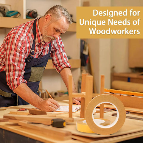 Woodworker using a workbench with Heavy Duty Double Sided Woodworking Tape, 1 Inch Wide By 75 Feet, Two Pack, in a workshop.