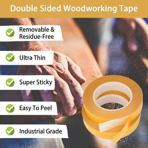 Heavy Duty Double Sided Woodworking Tape, 1 Inch Wide By 75 Feet, Two Pack, close-up with hand using tape on wood surface