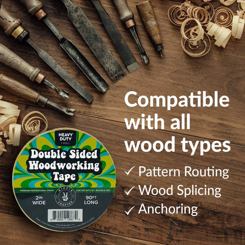 Double Sided Woodworking Tape, 2 Inch Wide, Heavy Duty Adhesive For CNC Machines And Routing Templates, Removable Yet Strong, 90 Feet Long, Silicone Based Sticky Tape For All Wood Types shown on a wooden surface with wood shavings and tools.