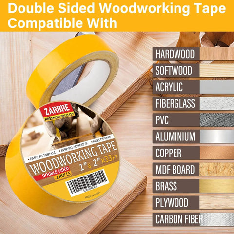 Double Sided Woodworking Tape For Wood Projects, 1 And 2 Inch By 33 Feet, 2 Rolls, No Residue, showing compatibility with materials
