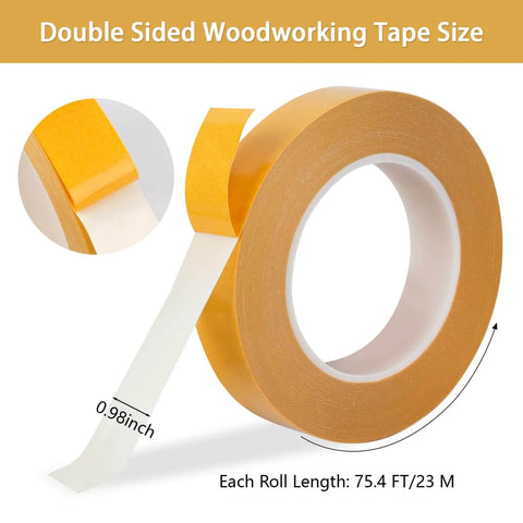 Heavy Duty Double Sided Woodworking Tape, 1 Inch Wide By 75 Feet, Two Pack, showing roll and close-up of adhesive