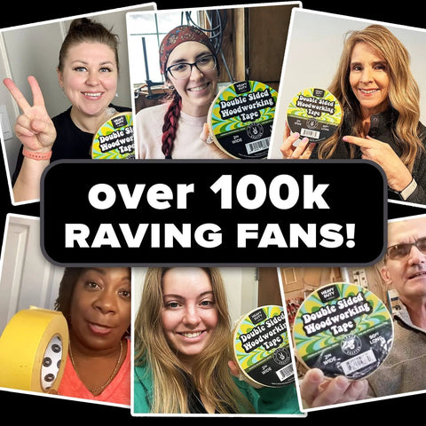 Collage of people holding Double Sided Woodworking Tape, 2 Inch Wide, Heavy Duty Adhesive For CNC Machines And Routing Templates.