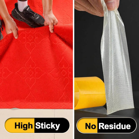 Person lifting red carpet with Double Sided Woodworking Tape For Templates And CNC Residue Free Mesh Adhesive That Delivers Rock Solid Grip For Routing Anchoring And Splicing Industrial Grade Strong Hold Three Quarters Inch Wide By 66 Feet Long, showing adhesive no residue.