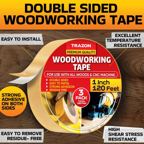 Pro Grade Heavy Duty Double Sided Woodworking Tape 3 Pack 1 Inch By 120 Feet Super Strong Adhesion packaging with features
