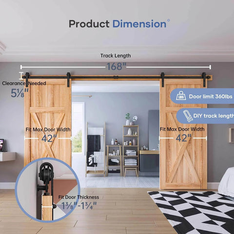 14 FT Double Door Sliding Barn Door Hardware Track Kit installed in living room, showcasing 42-inch doors and track dimensions.