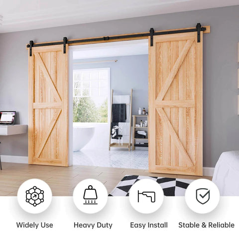 10 FT Double Door Sliding Barn Door Hardware Track Kit with basic J pulley in living room, smooth black steel rails, installed view