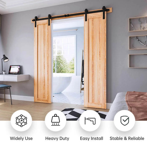 6FT Double Door Sliding Barn Door Hardware Track Kit with basic J pulley installed in bedroom, showing wooden barn doors and black rails