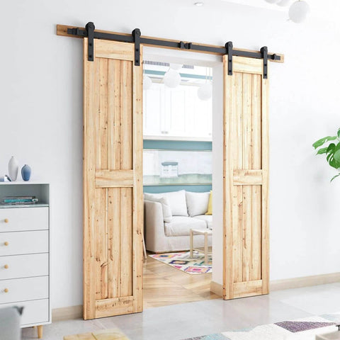 6.6FT Double Sliding Barn Door Hardware Kit for Two 20 Inch Door Panels installed, showing heavy duty carbon steel track.