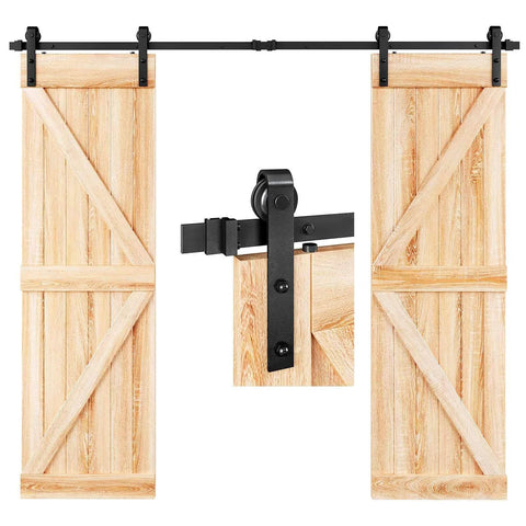 8 FT Double Door Sliding Barn Door Hardware Track Kit with basic J pulley, heavy duty steel rails, installed on two wooden doors
