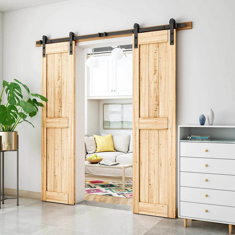 7FT Double Sliding Barn Door Hardware Kit for Two 21 Inch Door Panels, shown installed in living room, heavy duty carbon steel track